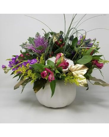 Elegant White Ceramic Pumpkin arrangement Flower Arrangement