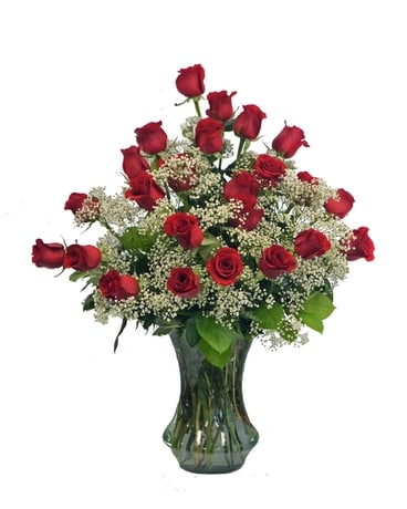 Two Dozen Red Roses With Babies Breath Flower Arrangement