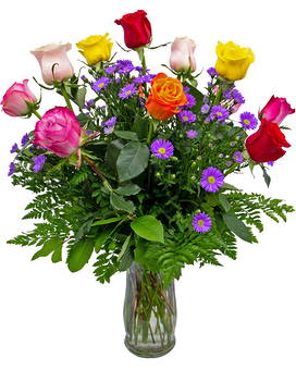 One Dozen Multi-Colored Roses with Purple Monte