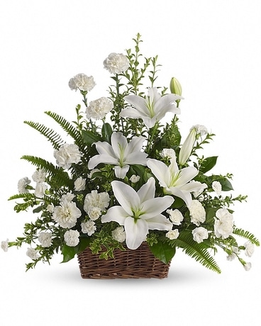 Peaceful White Lilies Basket Flower Arrangement