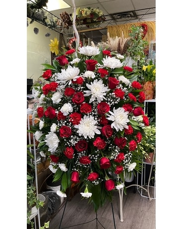 Large standing spray in red and white Funeral Arrangement