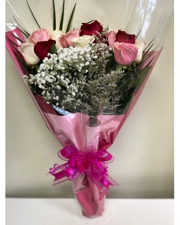 Dozen mixed long stem roses wrapped Bouquet