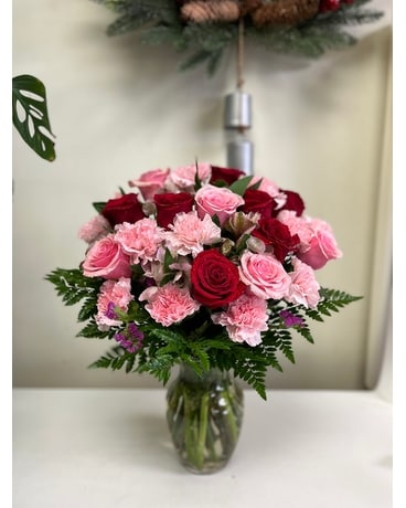 Red and pink assorted vase with greens Flower Arrangement