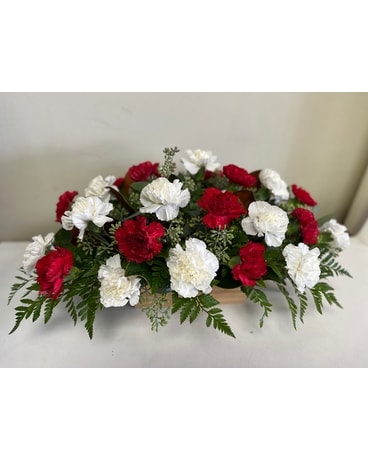 2 Dozen red and white carnations in wood box Flower Arrangement