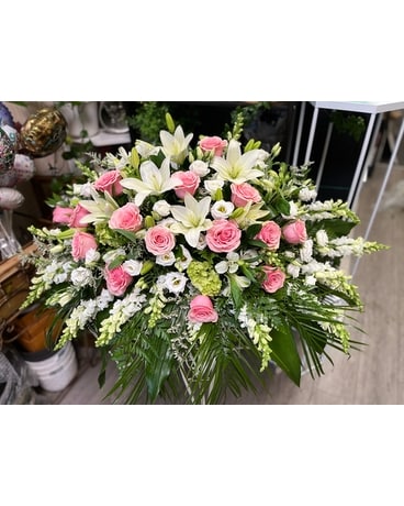Casket spray pink and white by Vivian Flower Arrangement