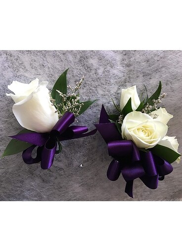 Wrist Corsage/Boutonniere-White Roses & Limonium Flower Arrangement