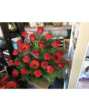 In Loving Memory In Red Flowers by Vivian Flower Arrangement