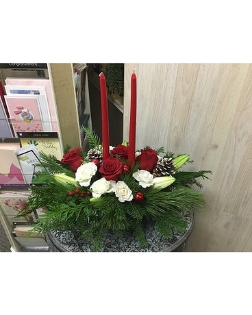 Traditional Holidays Centerpiece with Candles by V Flower Arrangement