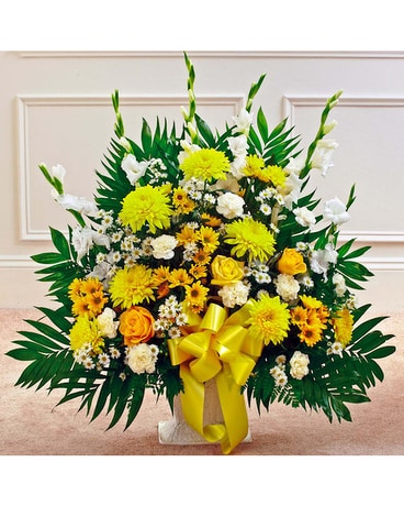 Yellow & White Sympathy Floor Basket Sympathy Arrangement