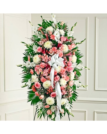 Pink & White Standing Spray Sympathy Arrangement