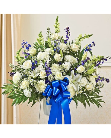 Blue & White Standing Basket Flower Arrangement