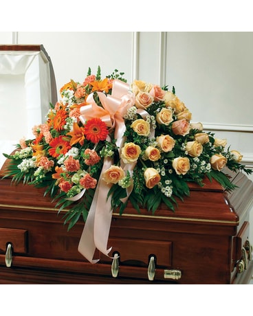 Peach, Orange & White Mixed Half Casket Spray Funeral Casket Spray Flowers