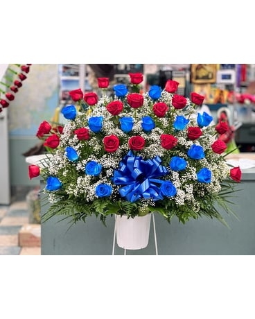 Blue and Red Roses Standing Basket