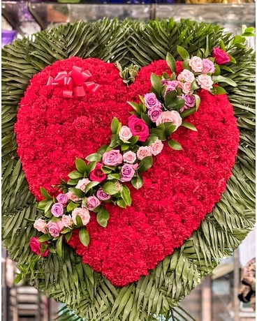 Red Heart Pinks and Purples Sash Flower Arrangement