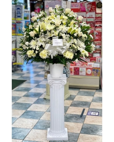 All White Standing Basket Flower Arrangement