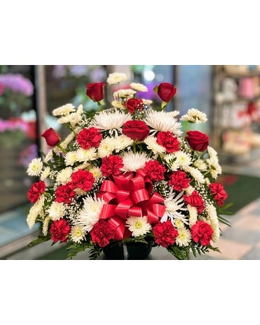 Red and White Floral Basket Flower Arrangement