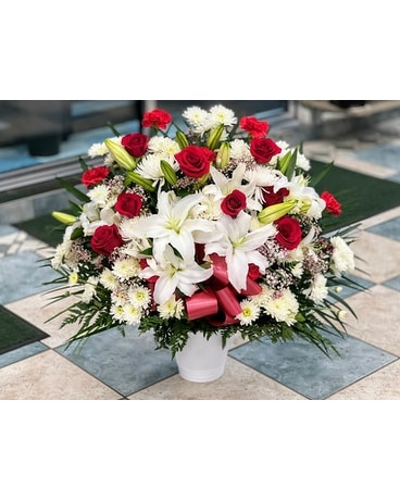 Red and White Floral Basket Flower Arrangement