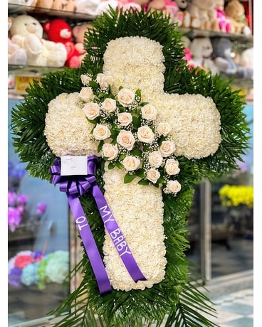 All White Funeral Cross Rose Sash with Purple Bow