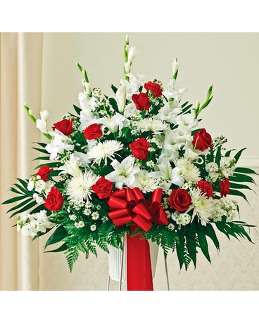 Red & White Sympathy Standing Basket Funeral Arrangement