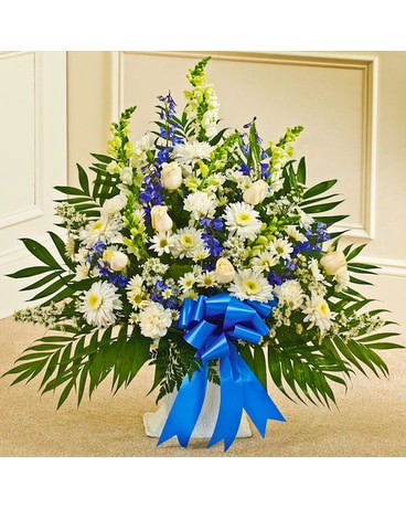 Blue & White Sympathy Floor Basket Funeral Arrangement