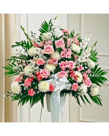 Pink & White Sympathy Standing Basket Funeral Arrangement