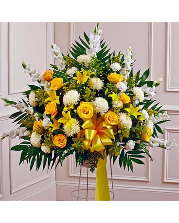 Yellow & White Sympathy Standing Basket Funeral Arrangement
