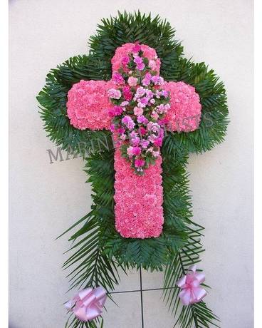 Funeral Cross - Pink with Teardrop Pink Flowers Funeral Arrangement