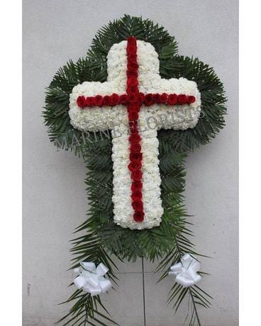Funeral Cross - Red Roses w Carnation Background Funeral Arrangement