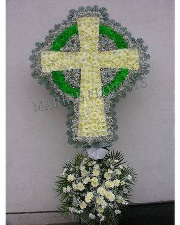 Funeral Cross - Celtic Cross with Green Nimbus Funeral Arrangement