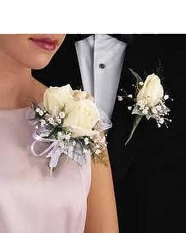 Double White Rose Corsage with Boutonniere Combo Corsage
