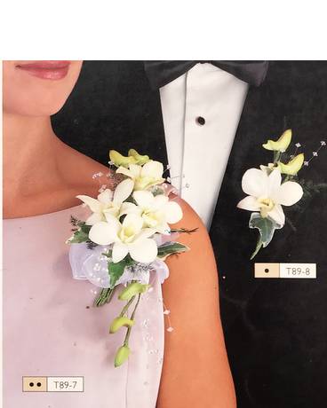 White Dendro Orchid Corsage & Boutonniere Combo Corsage