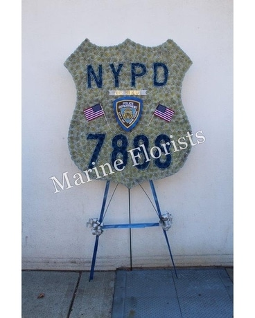 NYPD Badge with Flags Flower Arrangement