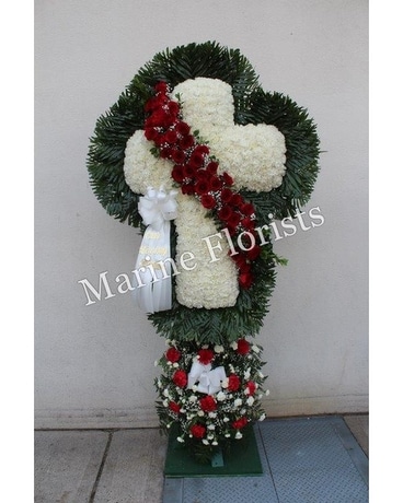 Top & Bottom Cross with Large Red Rose Sash Flower Arrangement