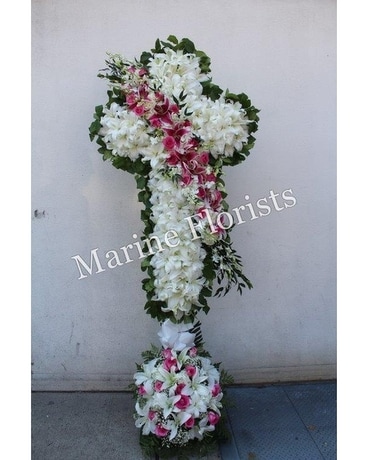 White Lilies Cross with Sash of Pink Roses, Lilies Flower Arrangement
