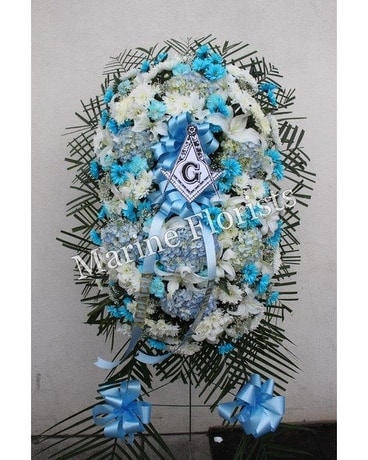 Blue and White Easel Spray with Free Mason Flower Arrangement