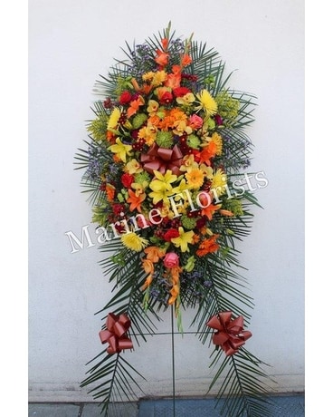 Yellow, Orange, Red and Green Easel Spray Flower Arrangement