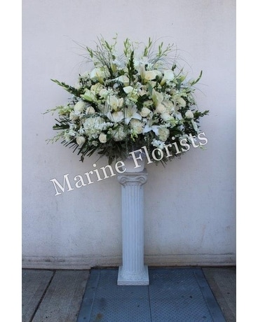 All White Calla, Orchids, Roses and Hydrangea Stan Flower Arrangement