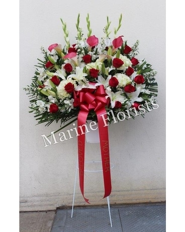 Red and White Standing Basket Flower Arrangement
