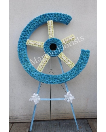 Broken Blue and White Wheel Flower Arrangement
