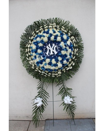 Blue and White Wreath with Yankee Logo Flower Arrangement