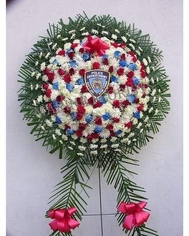 Red, White And Blue Wreath With NYPD Emblem Sympathy Arrangement