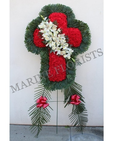 Red Cross White Orchid/Lily Flower Arrangement