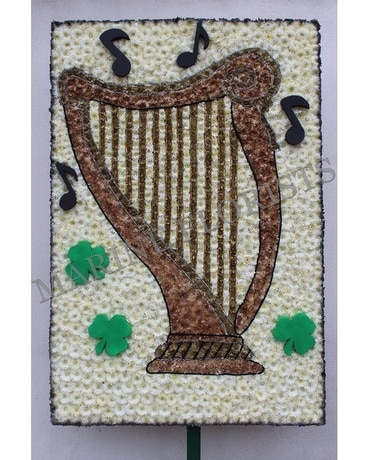 Pedal Harp with Shamrocks Flower Arrangement