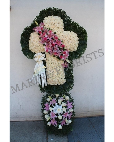 White Rose Cross Pink Swag Flower Arrangement