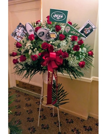 Standing Basket of Roses with Jets Theme Funeral Arrangement