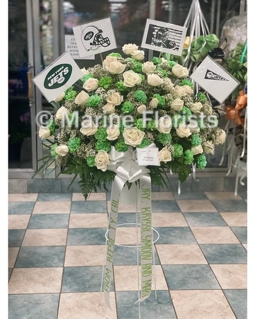 Green and White Jets Themed Basket Specialty Arrangement