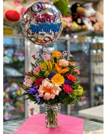 Happy Birthday Blooms & Balloons Flower Arrangement