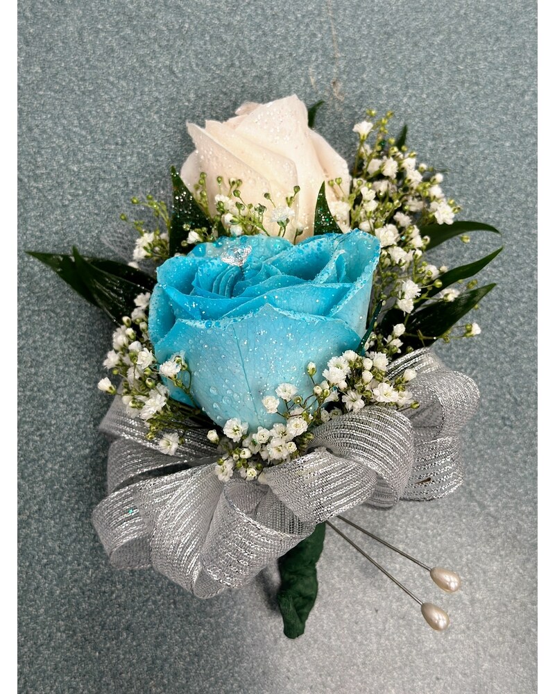 White and Blue Rose Corsage in Brooklyn NY - Marine Florists
