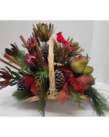 Natural Holiday Fireside Basket Flower Arrangement