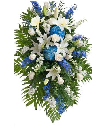 White and Blue Standing spray Flower Arrangement